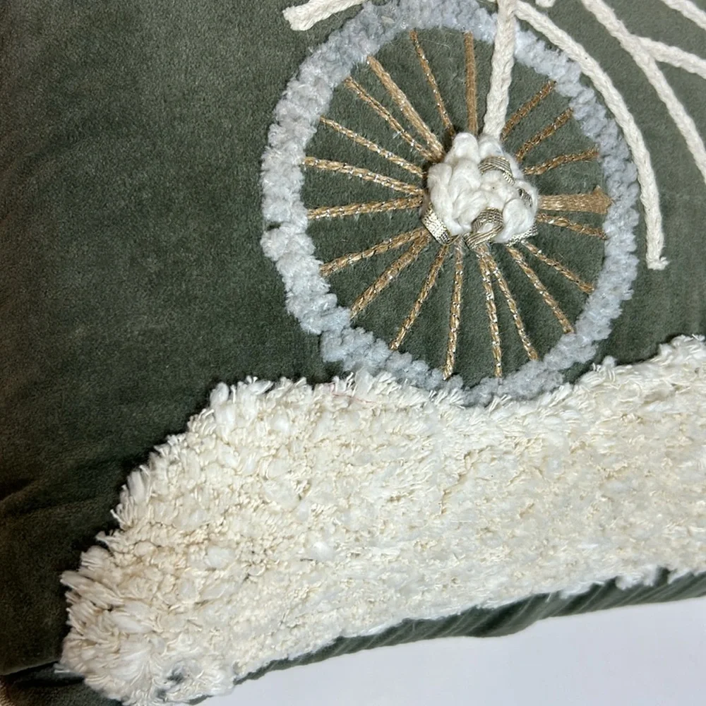 Green Velvet Merry Christmas Embroidered‎ Pillow Gift Bike Metallic Floral